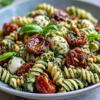 Summer Pasta Salad with Pesto, Cherry Tomatoes, and Mozzarella—vibrant fusilli tossed with creamy mozzarella, juicy cherry tomatoes, and fresh basil pesto.