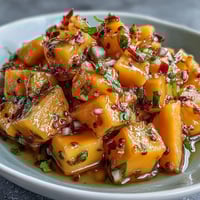 Fresh mango habanero salsa with juicy mango chunks, spicy habanero, and crisp red onion in a zesty lime dressing.  