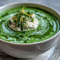 Spring pea soup with whipped ricotta, a vibrant bowl topped with creamy goodness.